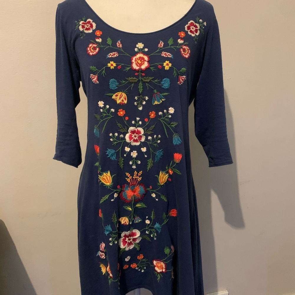 Johnny Was blue embroidered dress